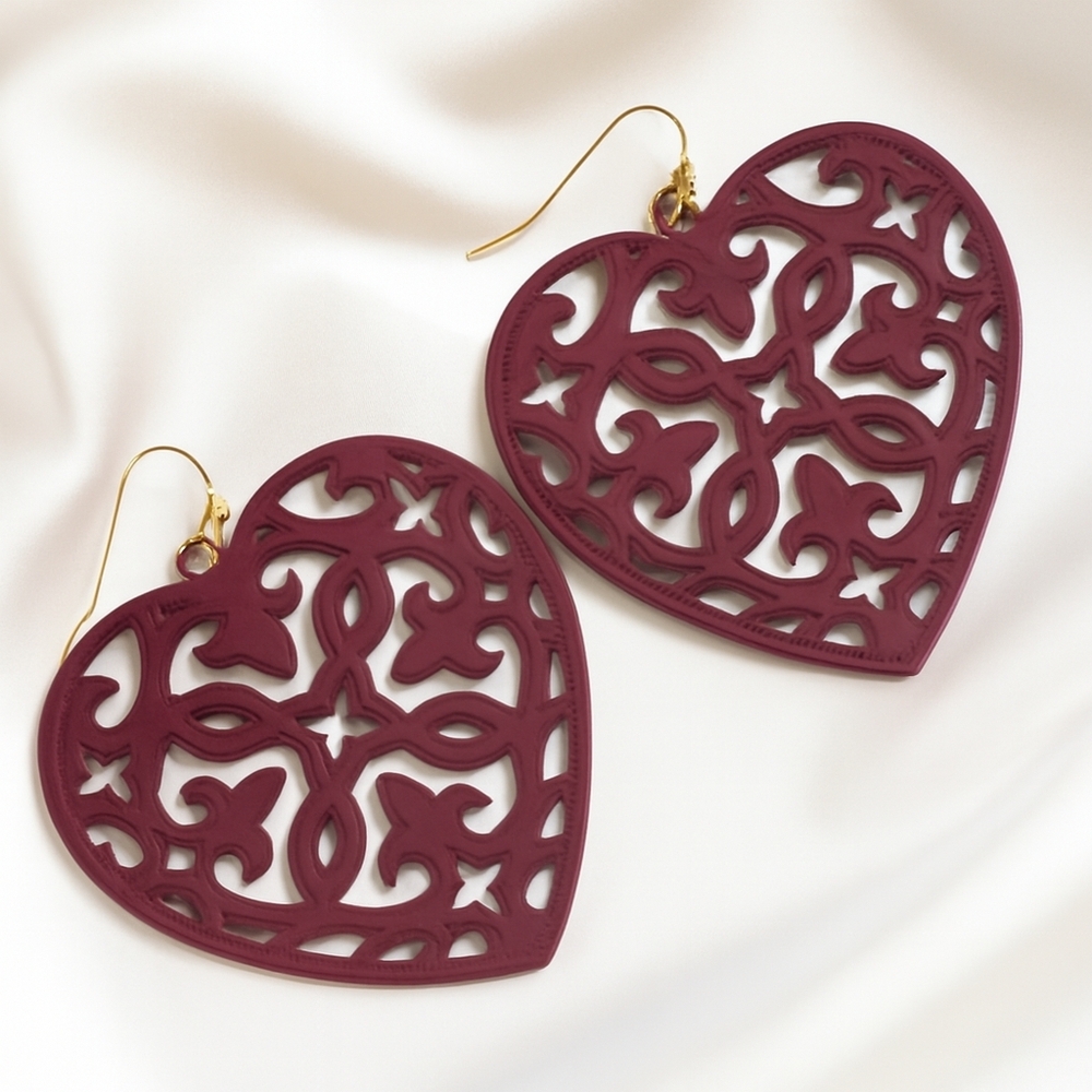 Maroon Filigree Heart Earrings with Gold Hooks – Elegant Women's Fashion Jewelry